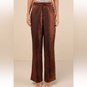 Brown Satin High Waisted Shiny Brown High-rise Wide-leg Trouser Pants Lulus NWT